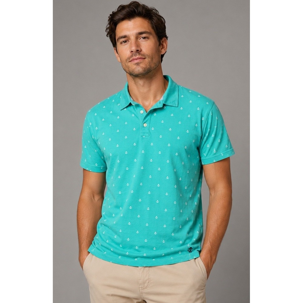 Brooks Brothers‎ XXL Polo Shirt Anchor Print Nautical Teal 100% Cotton 2XL Mens